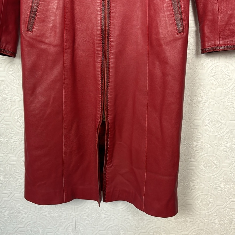 Vintage Retro Red Leather Jacket Longline Trench Old School 90s‎ Y2K Spice Girls - Picture 5 of 14